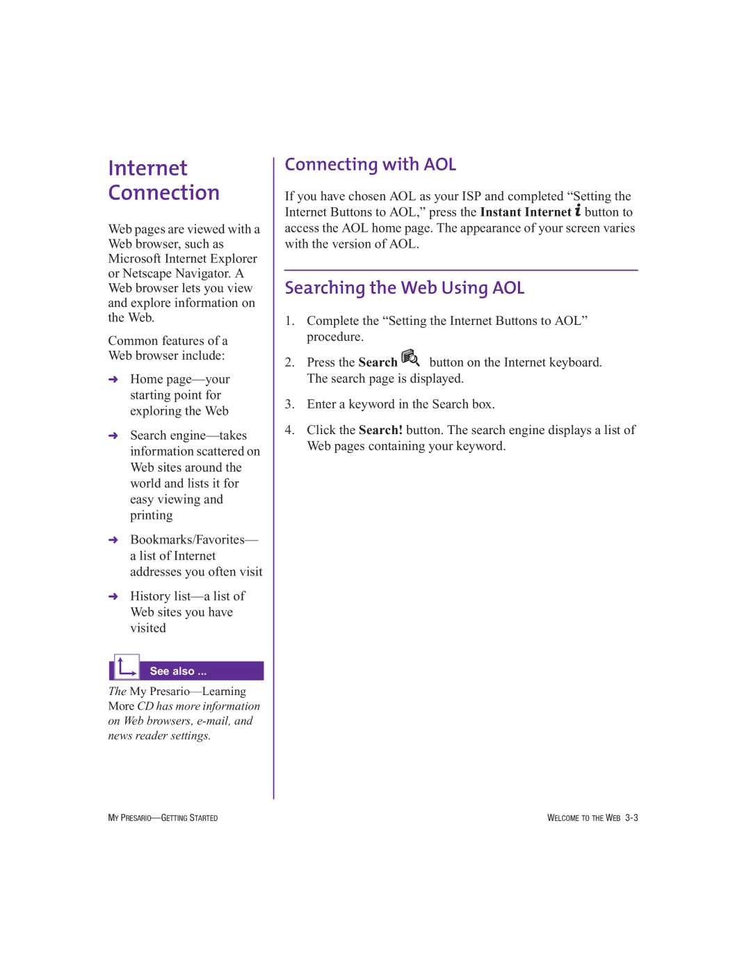 Compaq 250029-001 manual Internet Connection, Connecting with AOL, Searching the Web Using AOL 