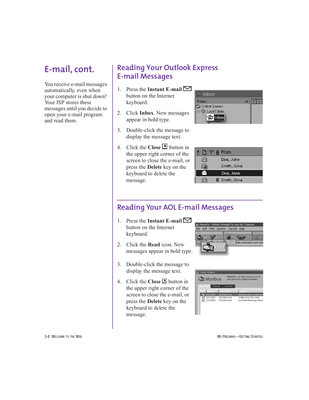 Compaq 250029-001 manual Reading Your Outlook Express E-mail Messages, Reading Your AOL E-mail Messages 