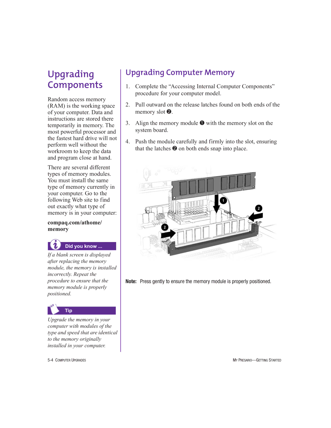 Compaq 250029-001 manual Upgrading Components, Upgrading Computer Memory 