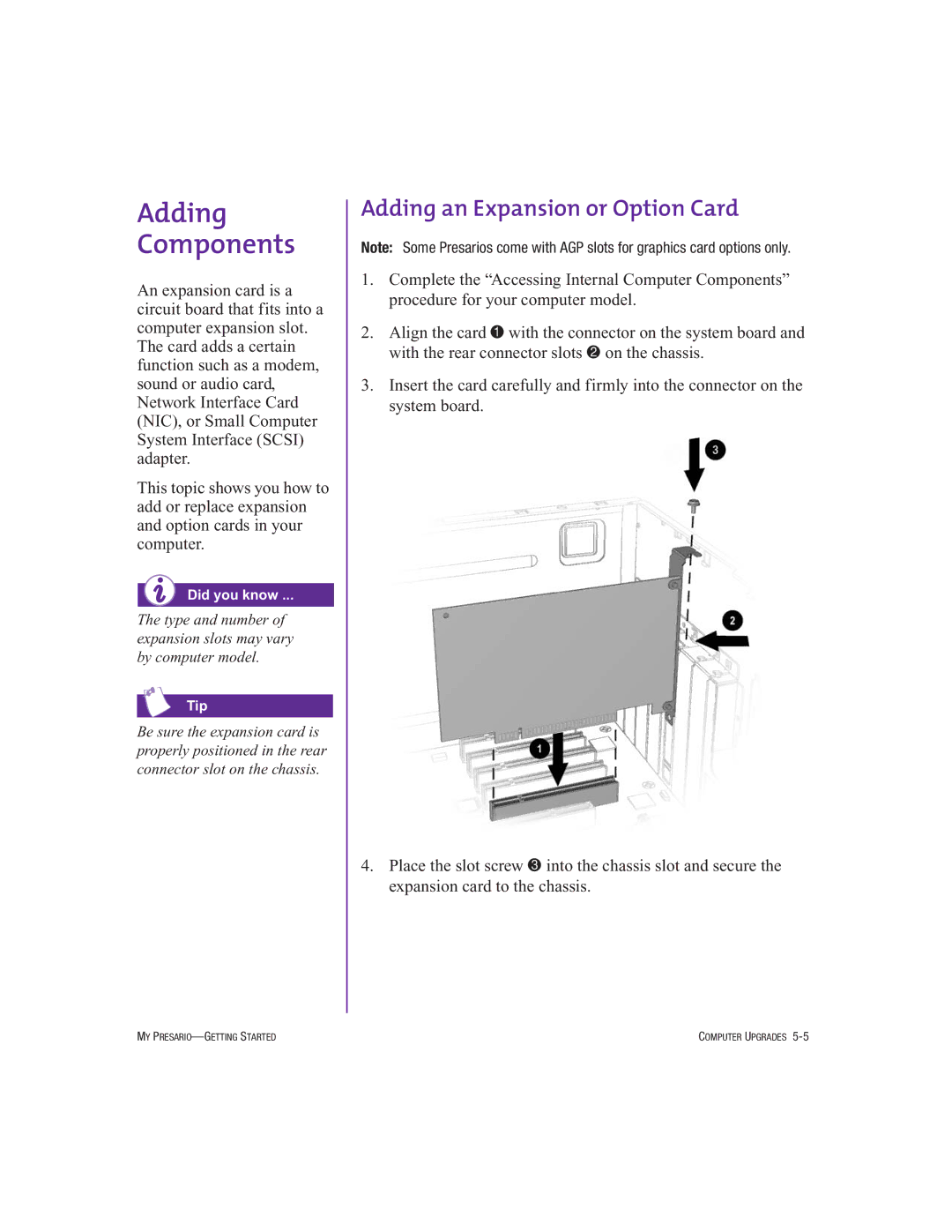 Compaq 250029-001 manual Adding Components, Adding an Expansion or Option Card 