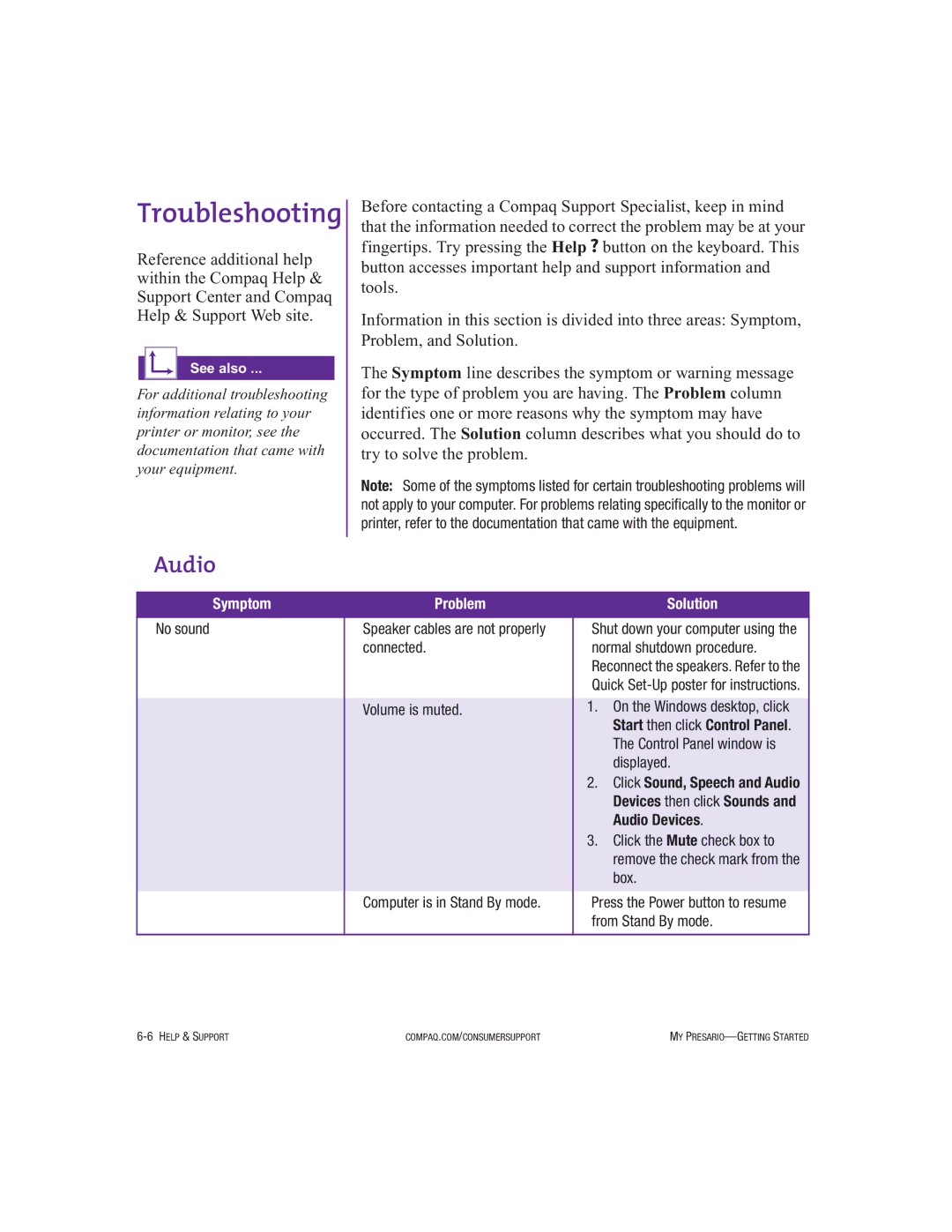 Compaq 250029-001 manual Troubleshooting, Audio 