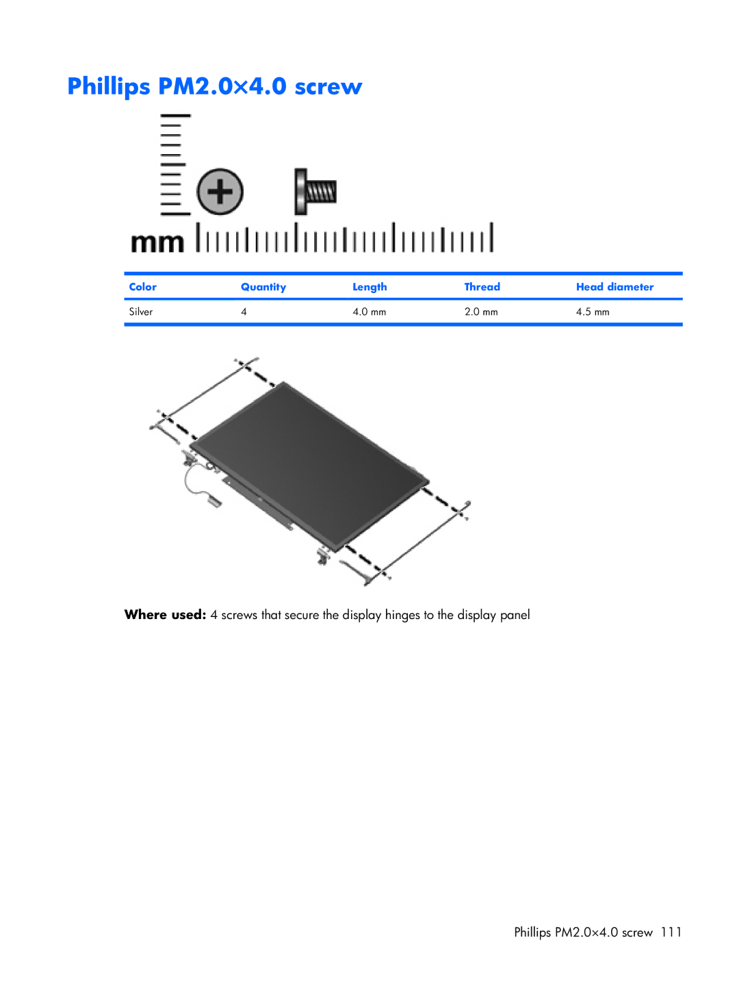 Compaq 2510p manual Phillips PM2.0×4.0 screw 