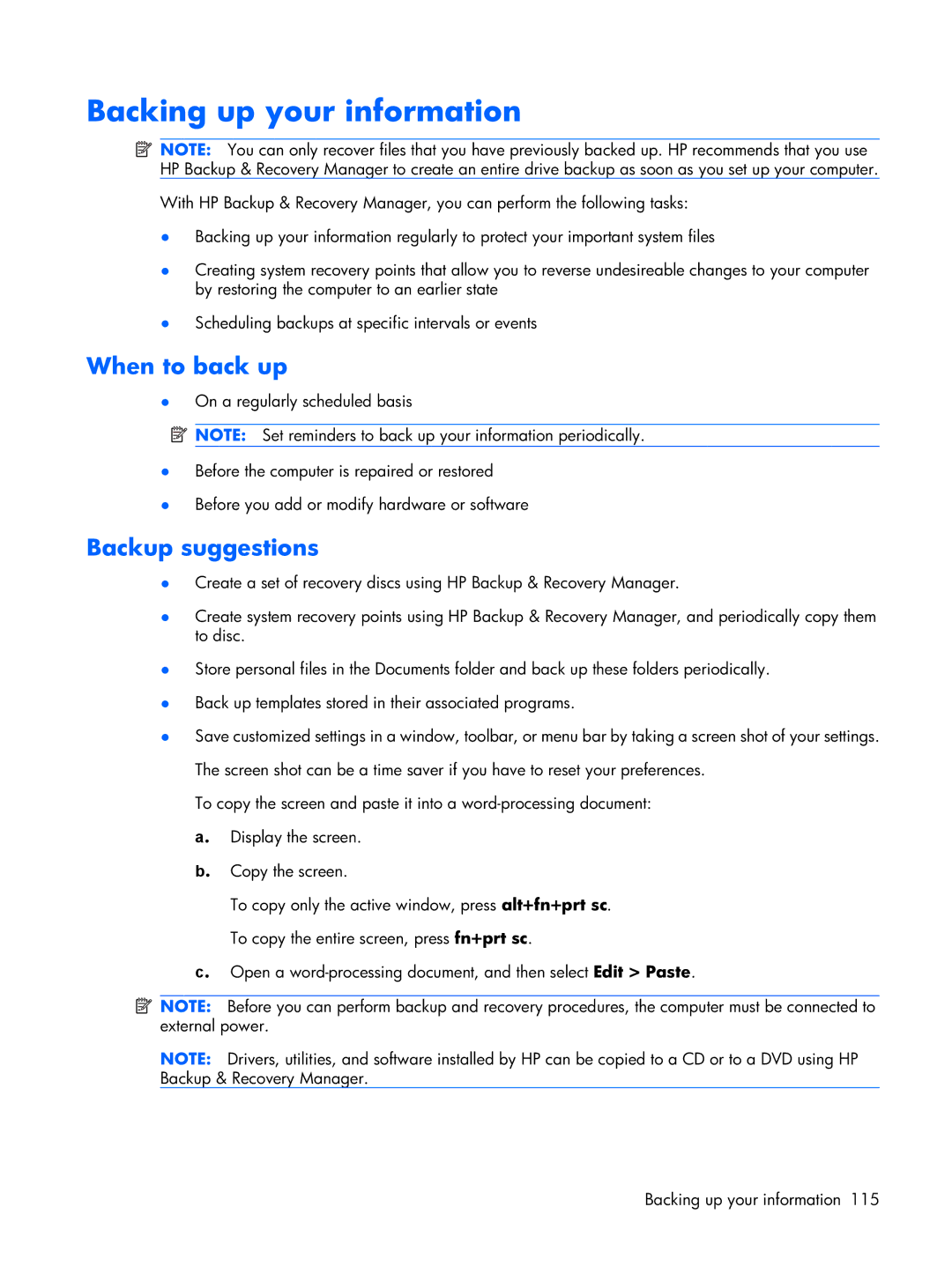 Compaq 2510p manual Backing up your information, When to back up, Backup suggestions 