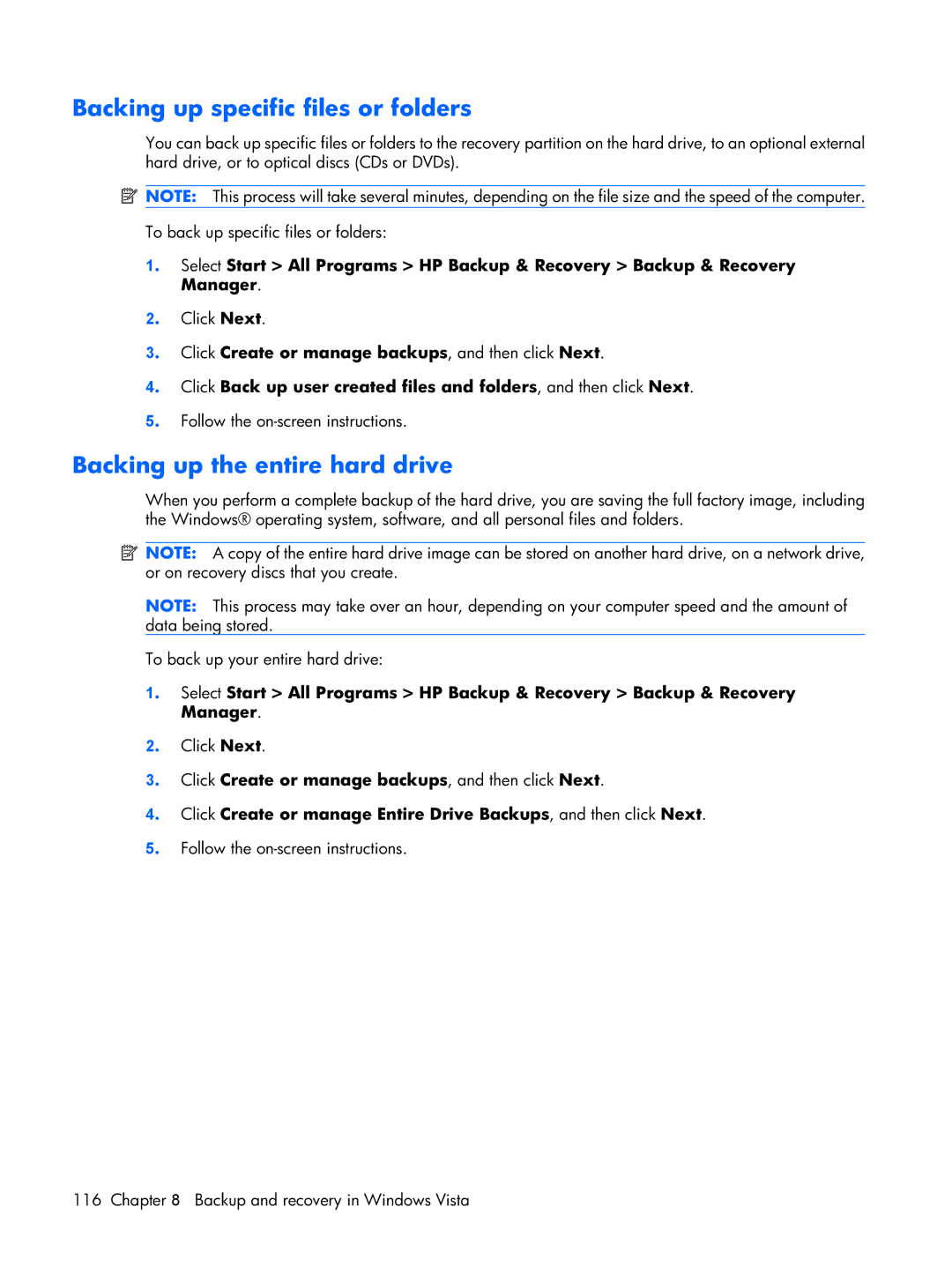 Compaq 2510p manual Backing up specific files or folders, Backing up the entire hard drive 
