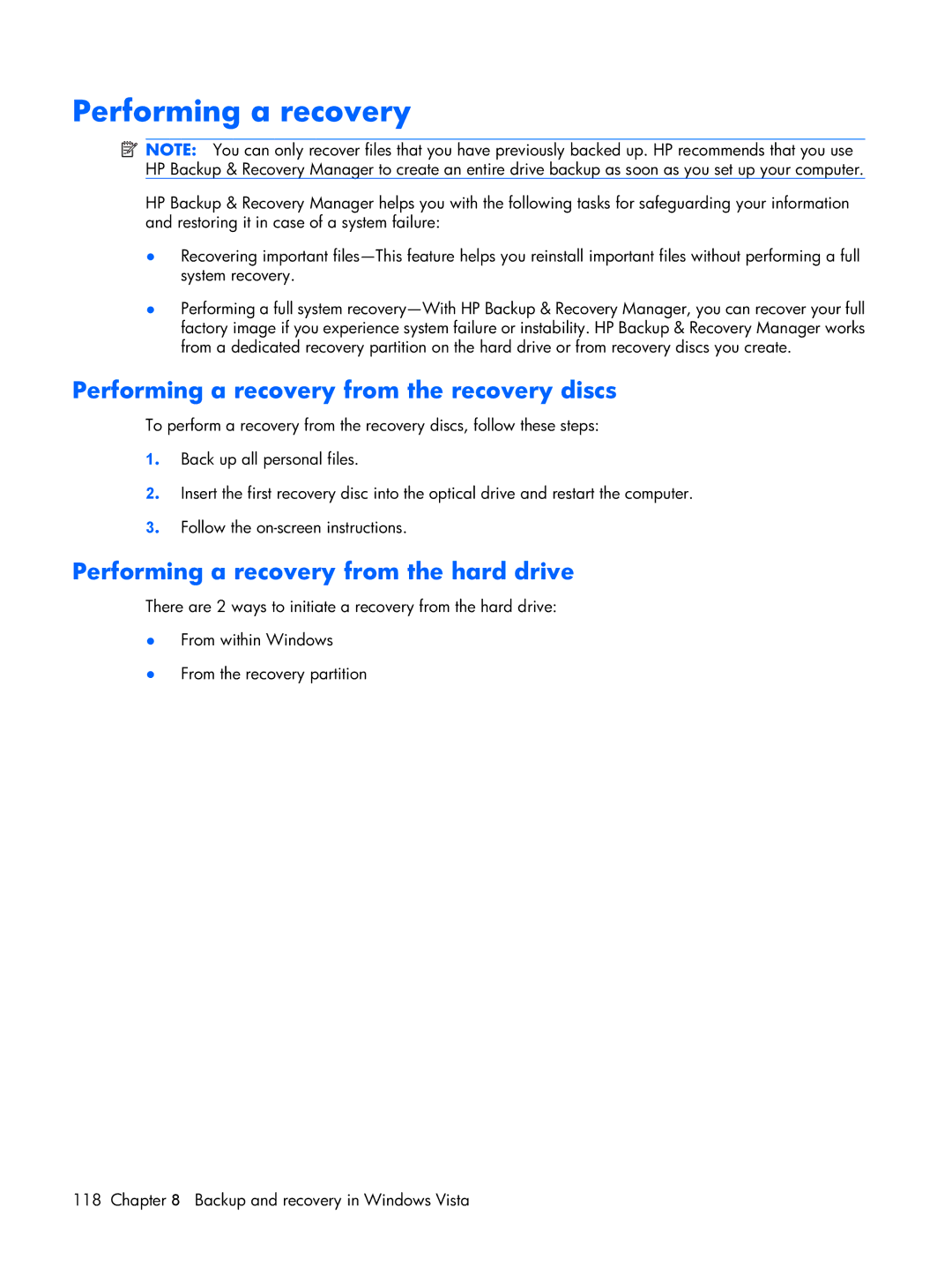 Compaq 2510p manual Performing a recovery from the recovery discs, Performing a recovery from the hard drive 