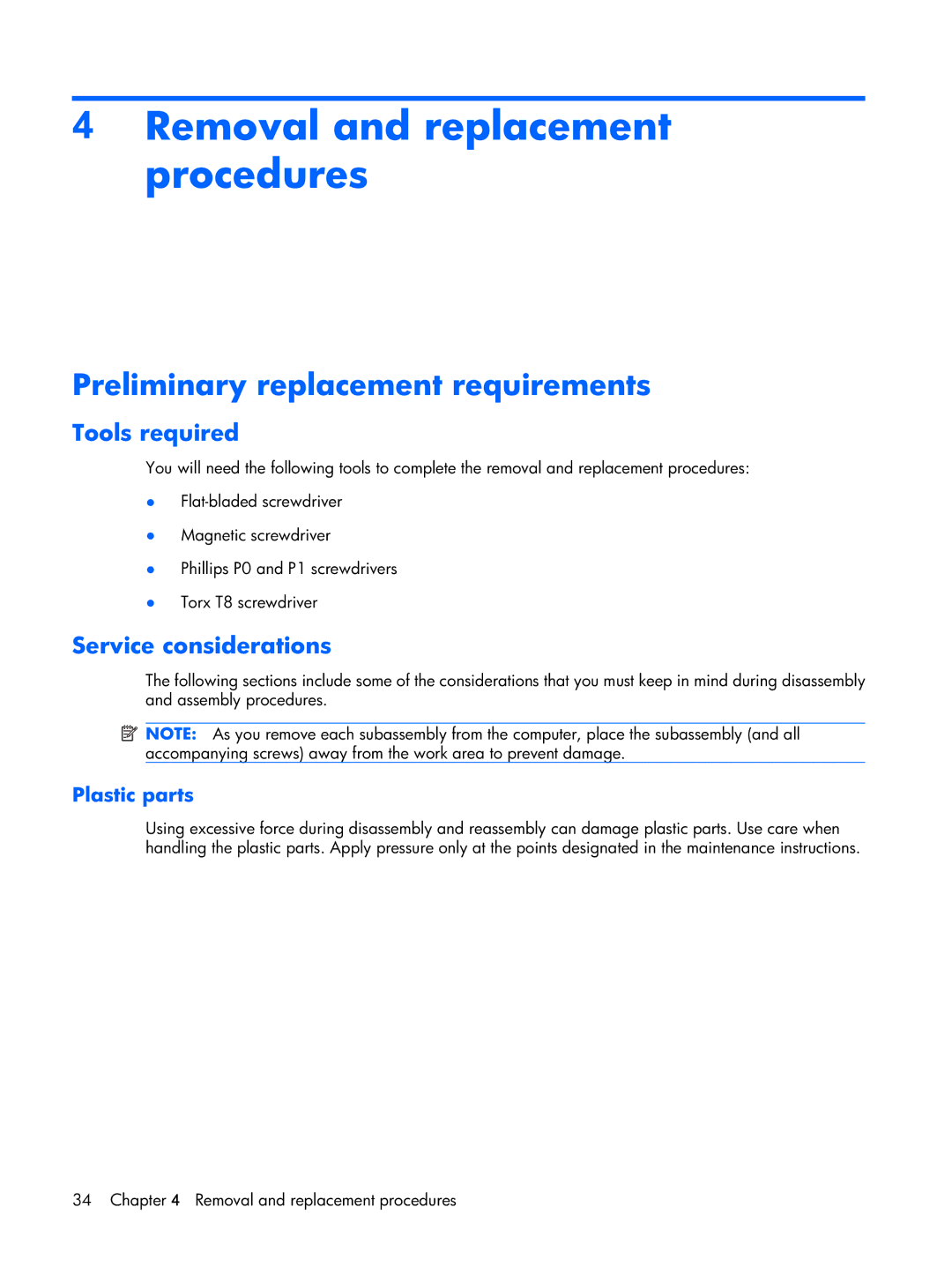 Compaq 2510p manual Removal and replacement procedures, Preliminary replacement requirements, Tools required 