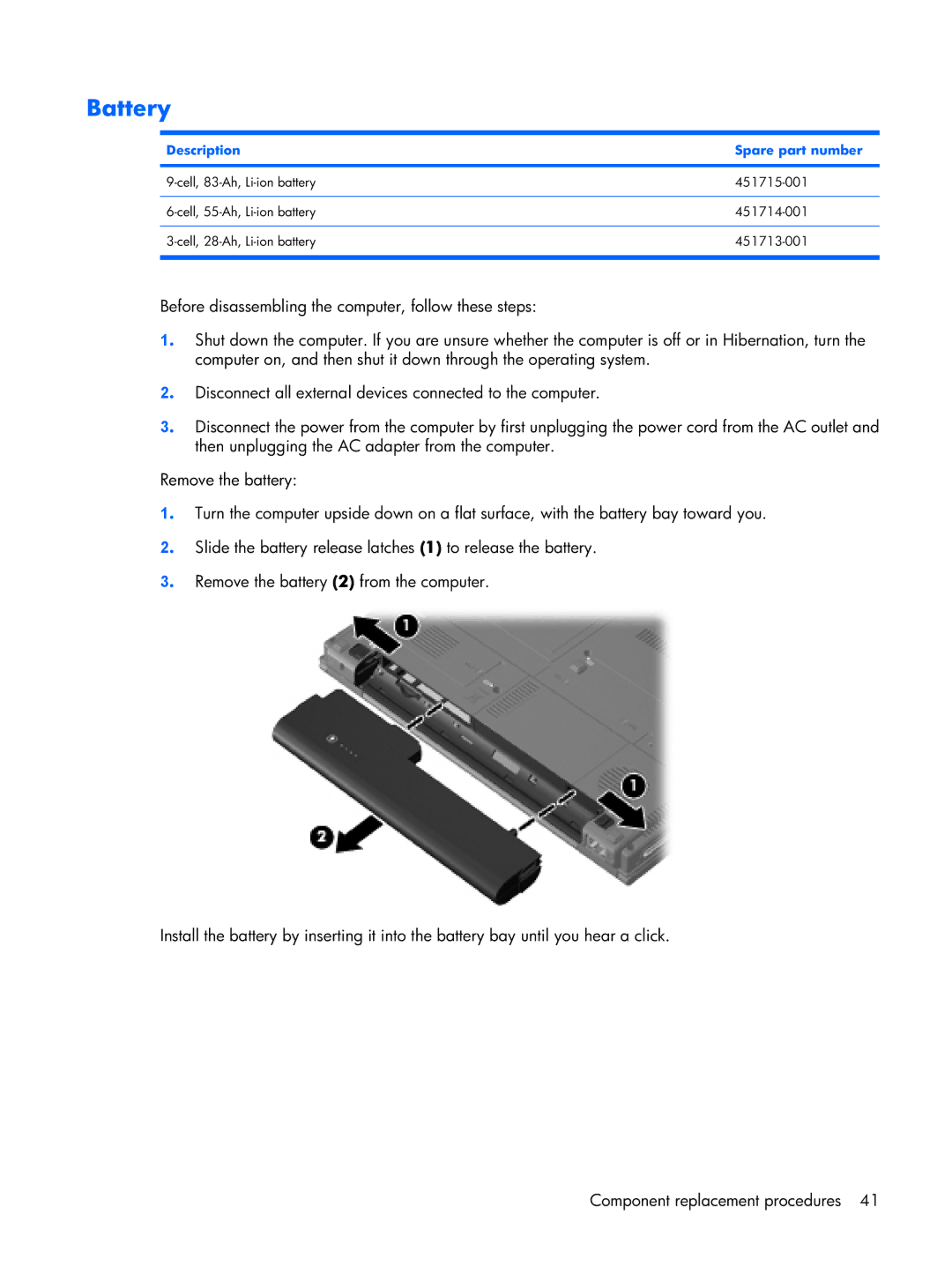 Compaq 2510p manual Battery, Description Spare part number 