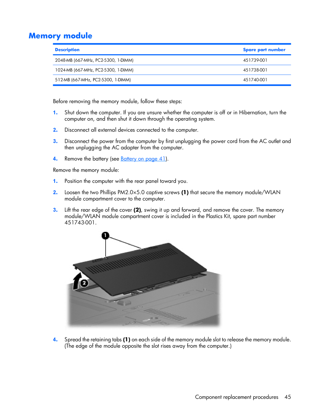 Compaq 2510p manual Memory module, Description Spare part number 