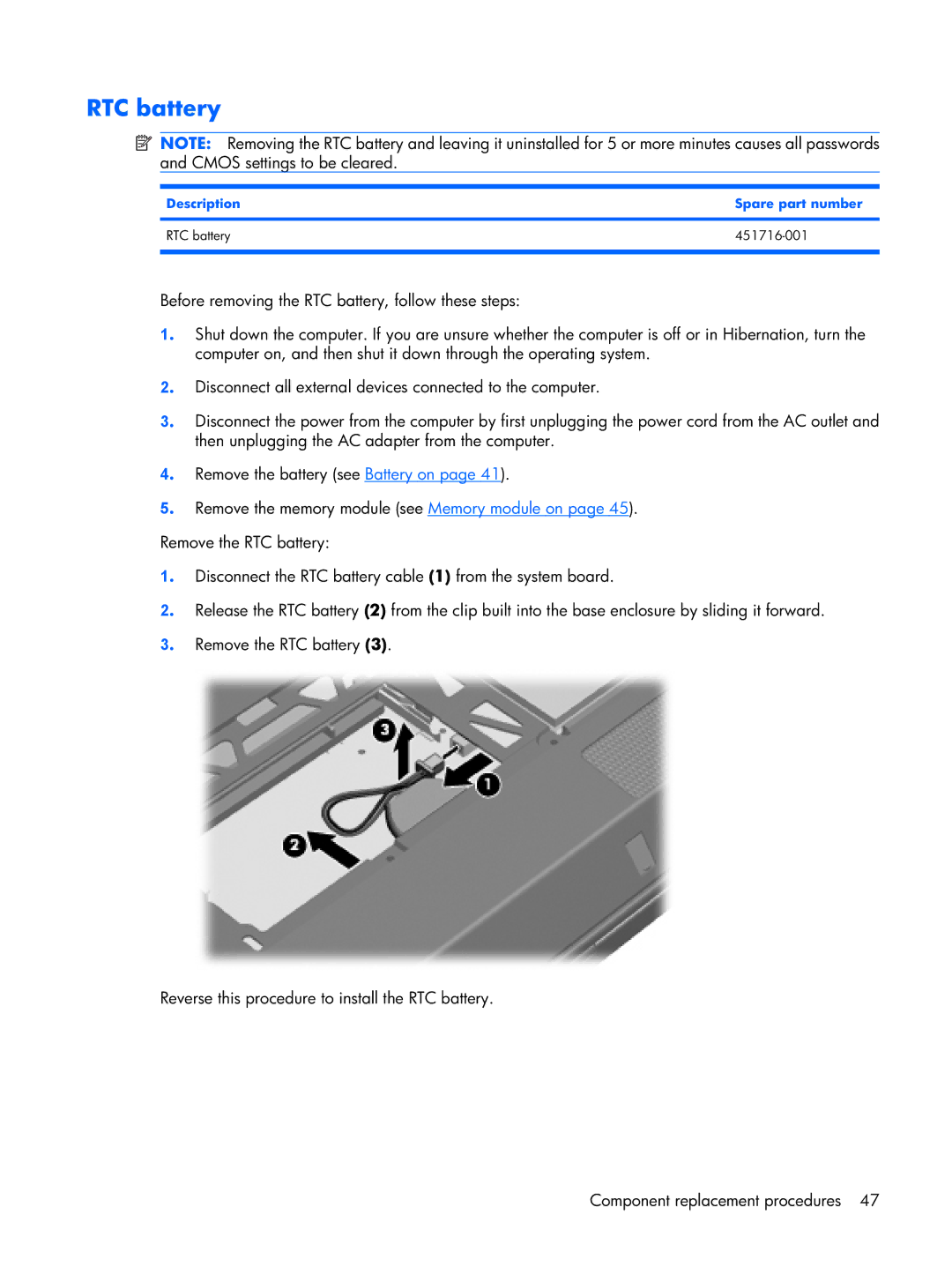 Compaq 2510p manual Description Spare part number RTC battery 451716-001 