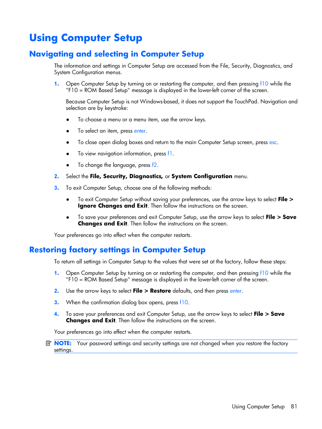 Compaq 2510p manual Using Computer Setup, Navigating and selecting in Computer Setup 