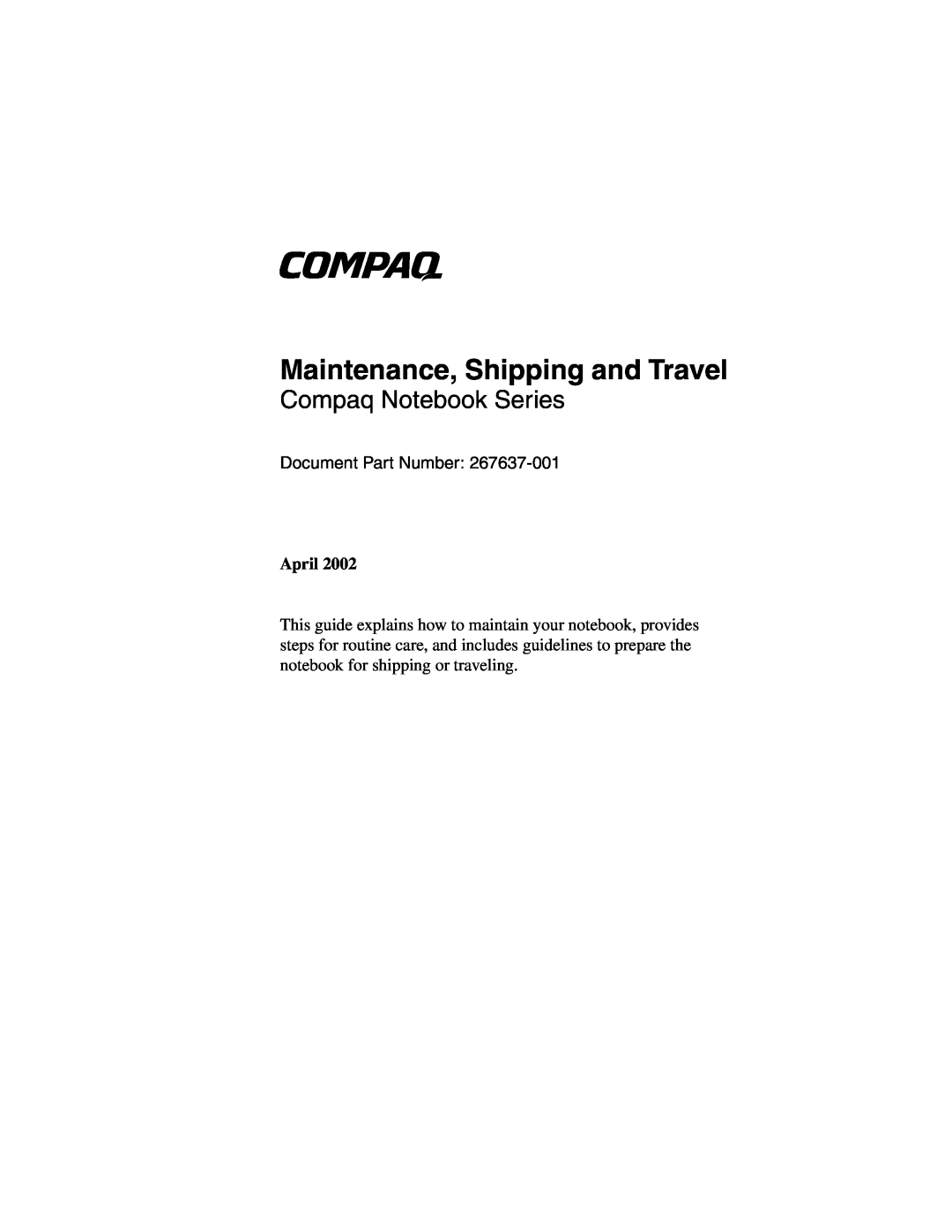 Compaq 267637-001 manual Maintenance, Shipping and Travel, Compaq Notebook Series, Document Part Number, April 