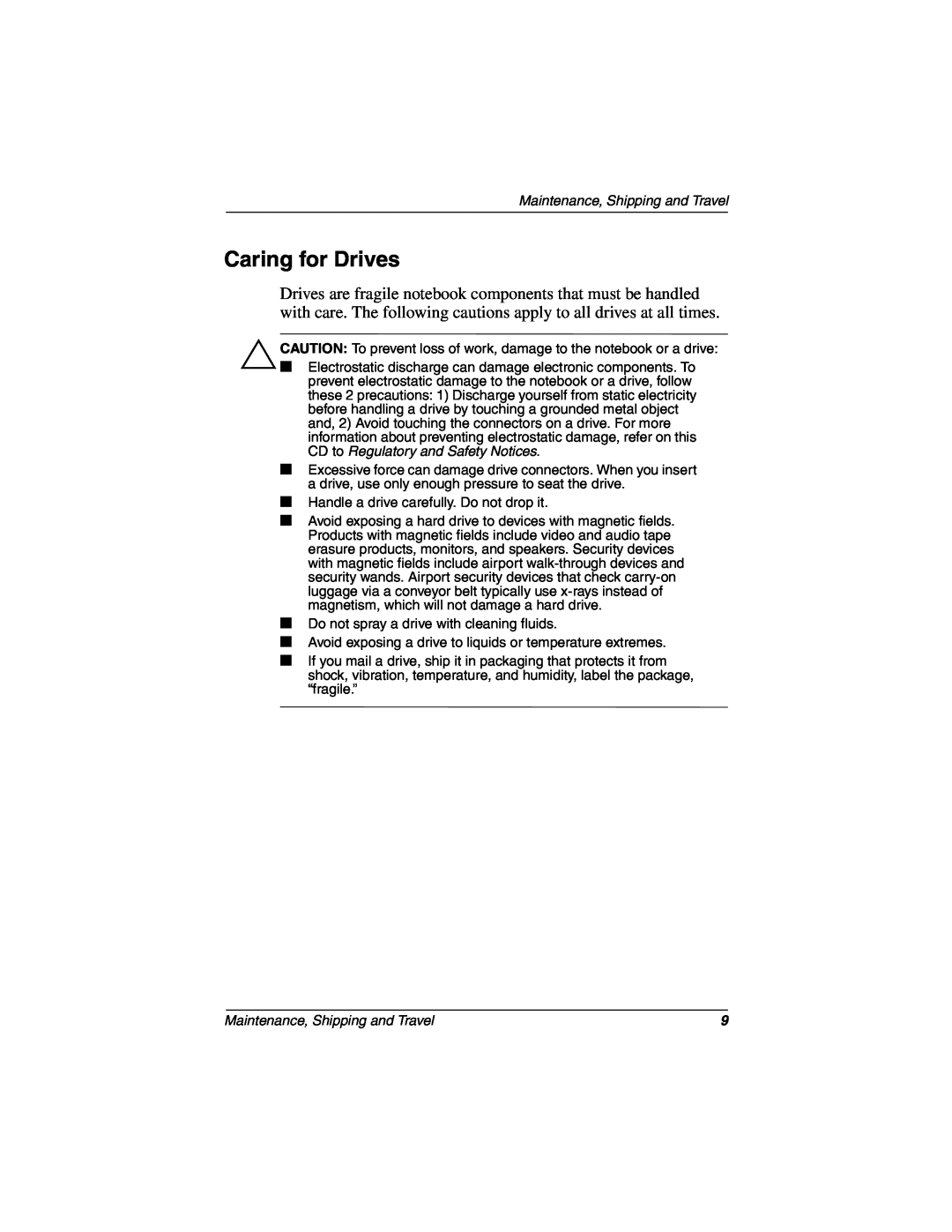 Compaq 267637-001 manual Caring for Drives, Maintenance, Shipping and Travel 