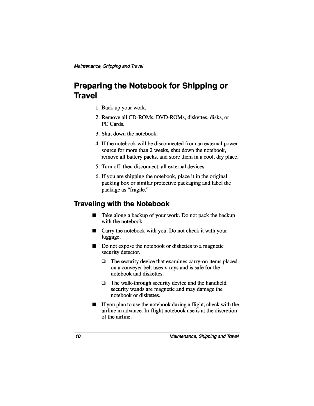 Compaq 267637-001 manual Preparing the Notebook for Shipping or Travel, Traveling with the Notebook 