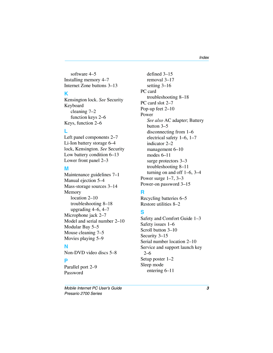 Compaq 2700 manual Index 