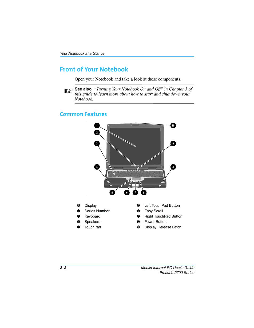 Compaq 2700 manual Front of Your Notebook, Common Features 