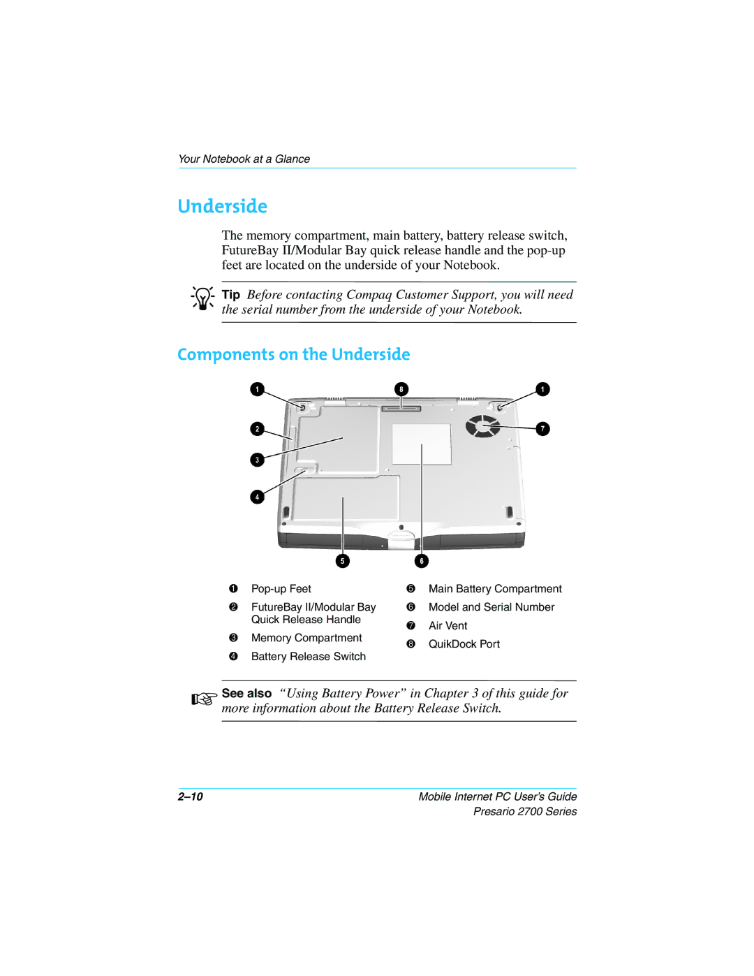 Compaq 2700 manual Components on the Underside 