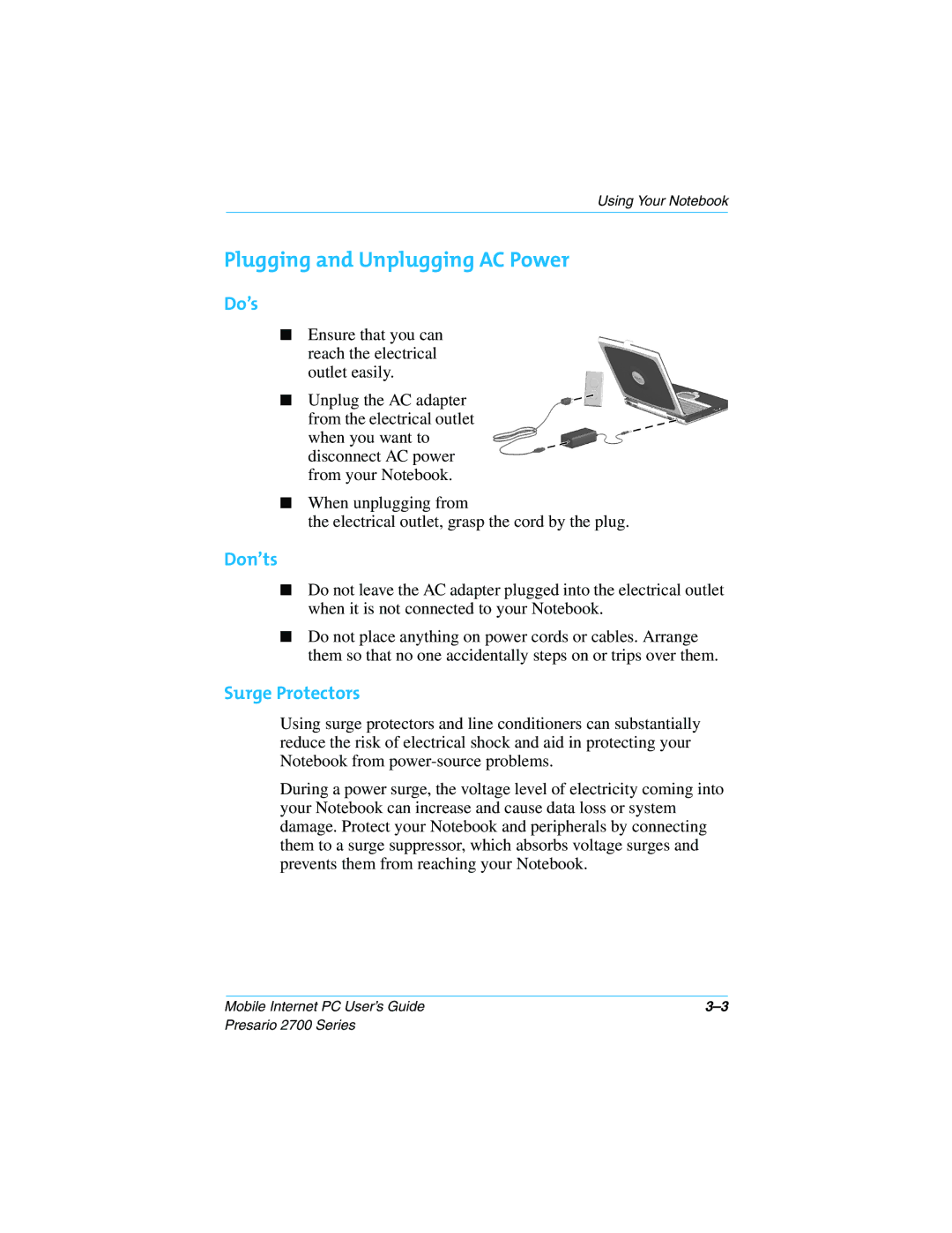 Compaq 2700 manual Plugging and Unplugging AC Power, Do’s, Don’ts, Surge Protectors 