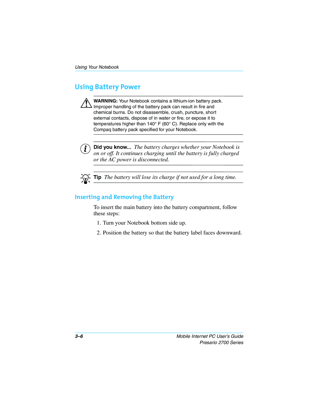 Compaq 2700 manual Using Battery Power, Inserting and Removing the Battery 