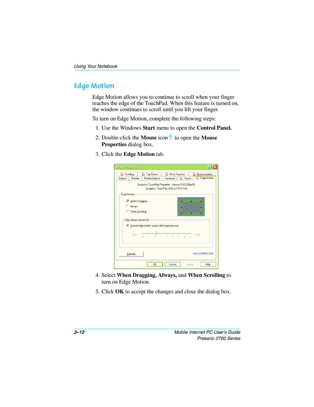 Compaq 2700 manual Edge Motion 