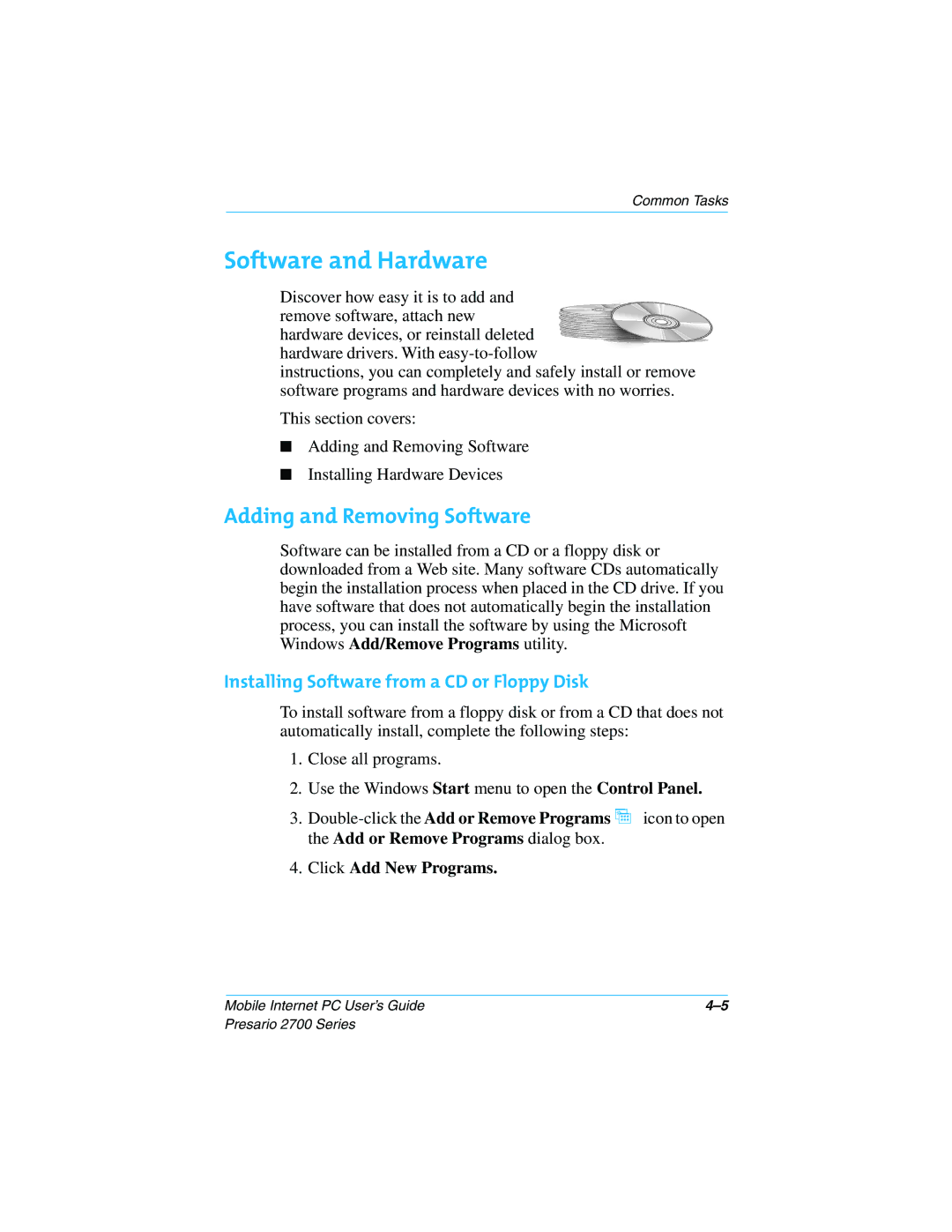 Compaq 2700 manual Software and Hardware, Adding and Removing Software, Installing Software from a CD or Floppy Disk 