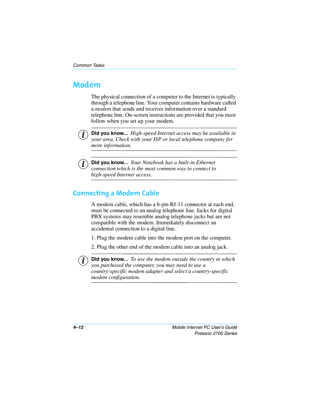 Compaq 2700 manual Connecting a Modem Cable 