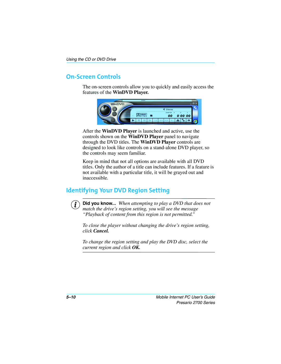 Compaq 2700 manual On-Screen Controls, Identifying Your DVD Region Setting 