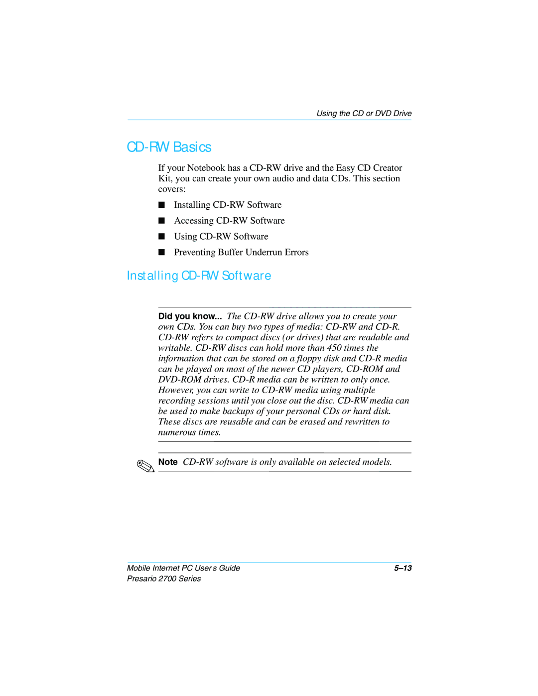 Compaq 2700 manual CD-RW Basics, Installing CD-RW Software 