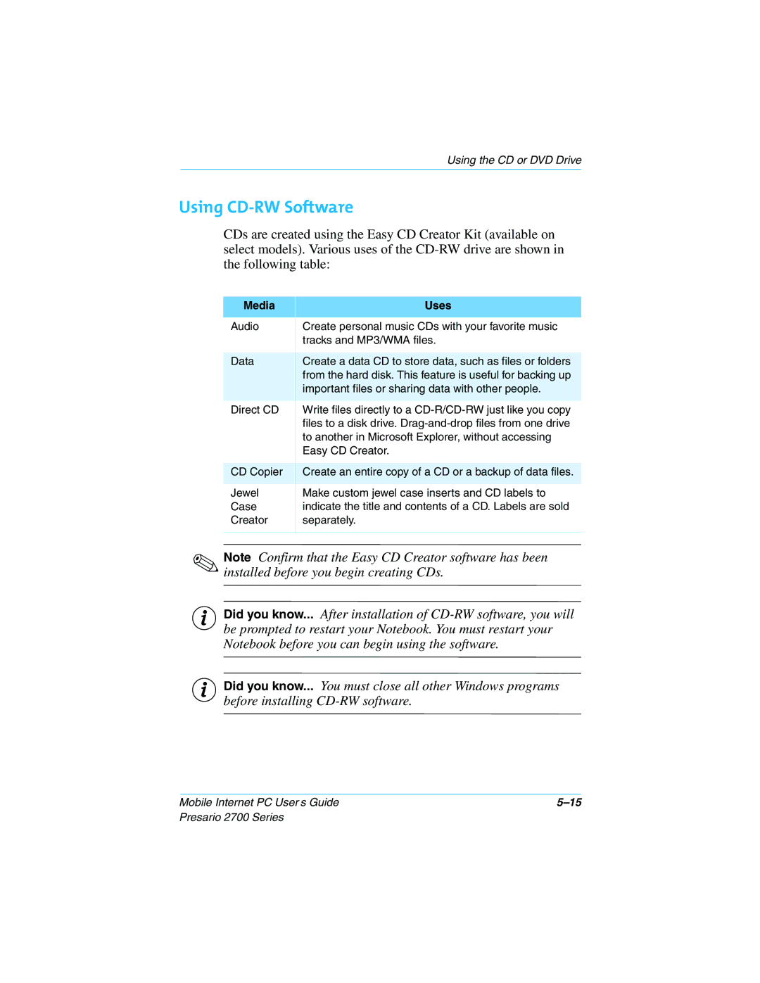 Compaq 2700 manual Using CD-RW Software, Media Uses 