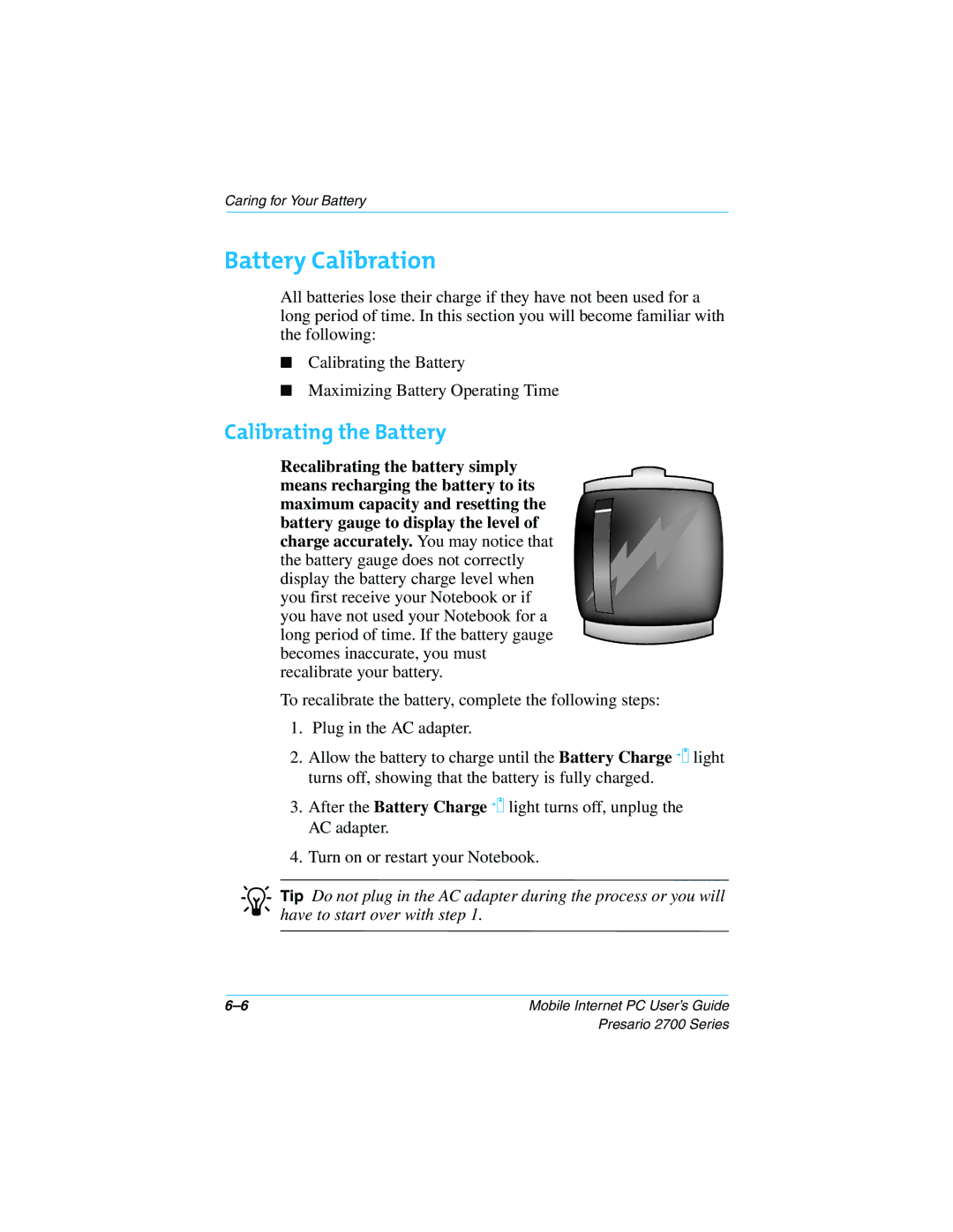 Compaq 2700 manual Battery Calibration, Calibrating the Battery 