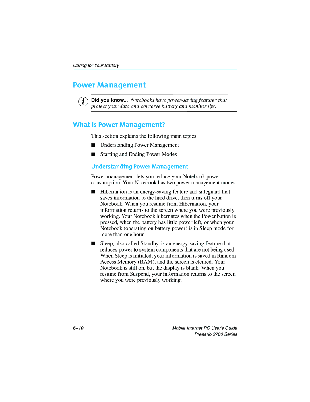 Compaq 2700 manual What Is Power Management?, Understanding Power Management 