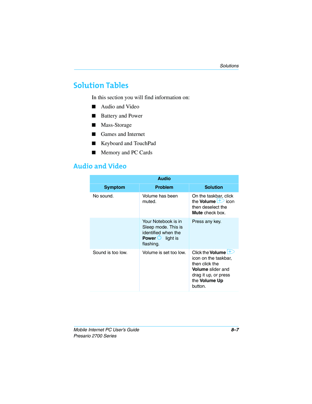 Compaq 2700 manual Solution Tables, Audio and Video, Audio Symptom Problem Solution, Volume Up 