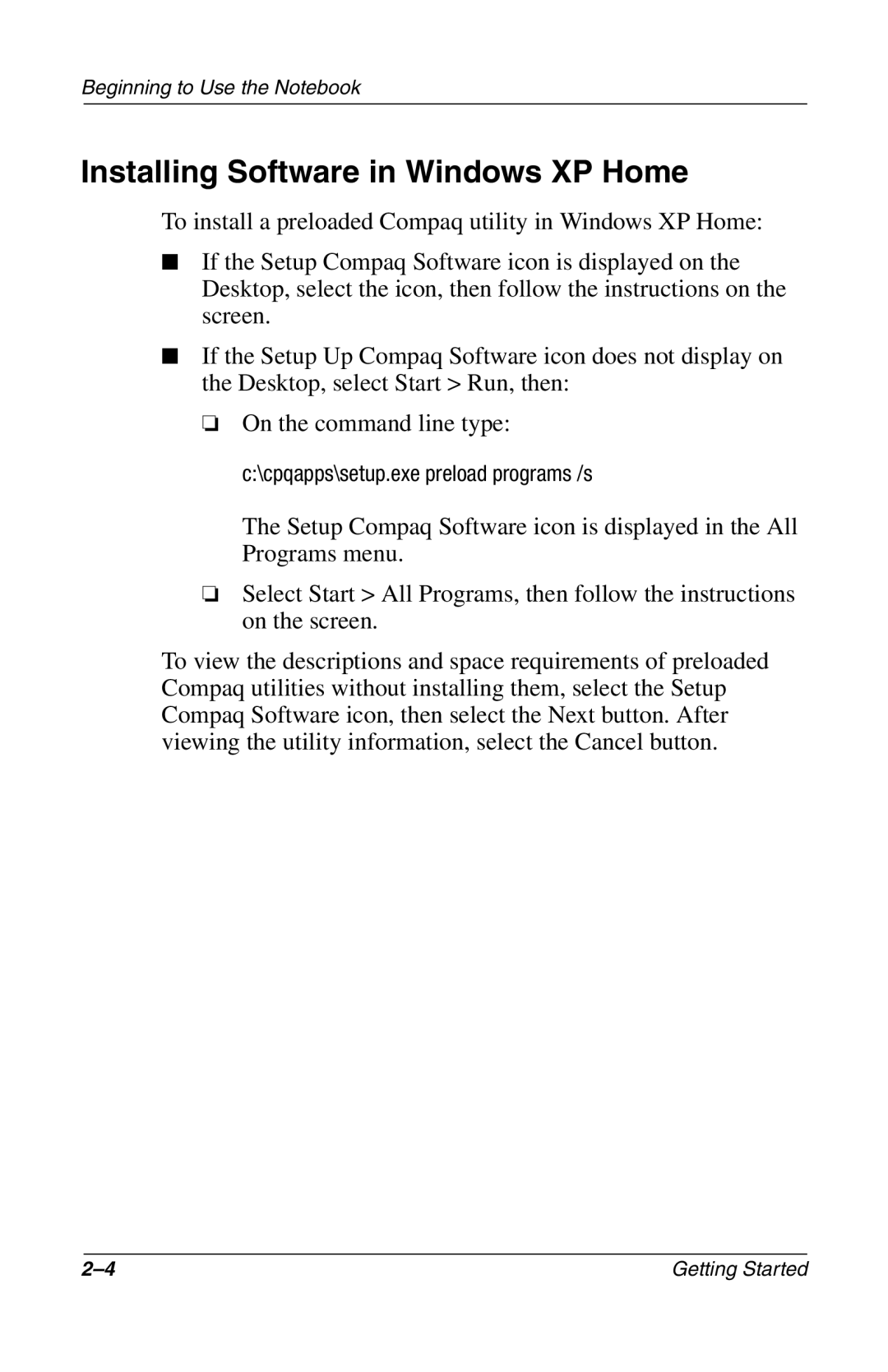 Compaq 272637-001 manual Installing Software in Windows XP Home 