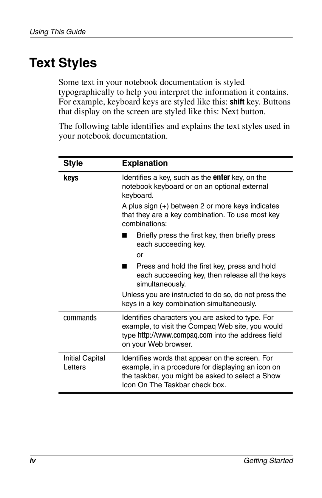 Compaq 272637-001 manual Text Styles, Style Explanation Keys 