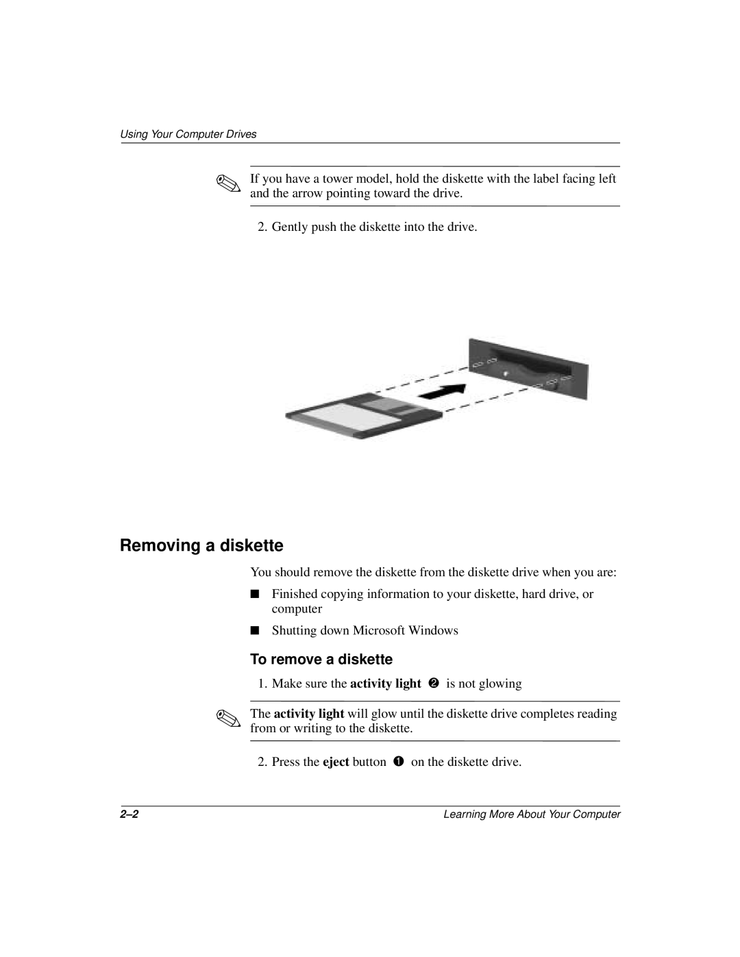 Compaq 277958-001 manual Removing a diskette, To remove a diskette 