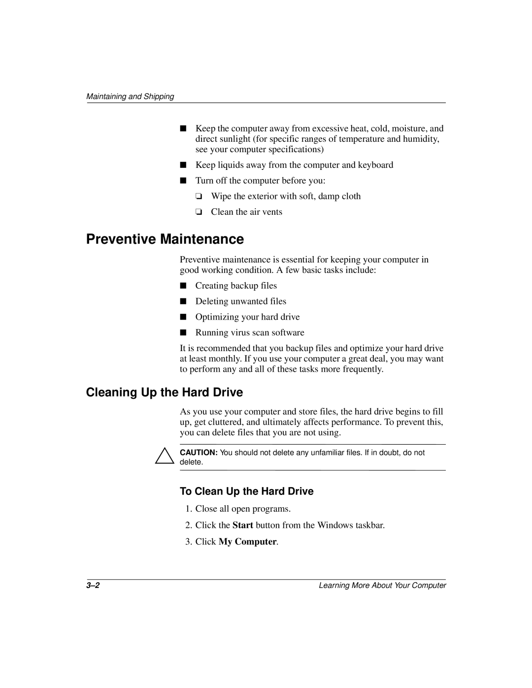 Compaq 277958-001 manual Preventive Maintenance, Cleaning Up the Hard Drive, To Clean Up the Hard Drive 