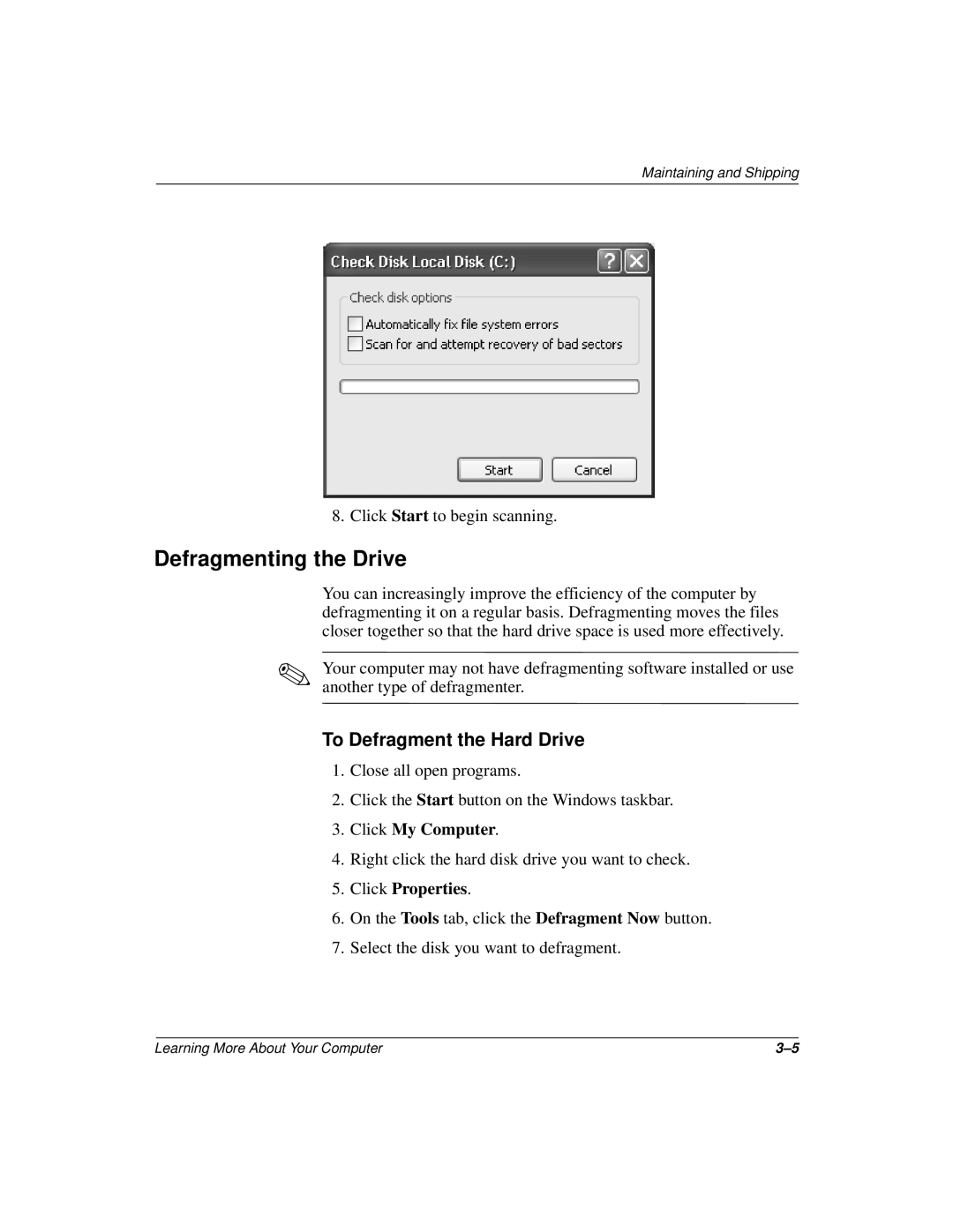 Compaq 277958-001 manual Defragmenting the Drive, To Defragment the Hard Drive 