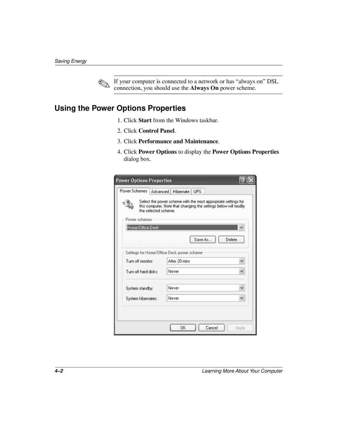 Compaq 277958-001 manual Using the Power Options Properties 