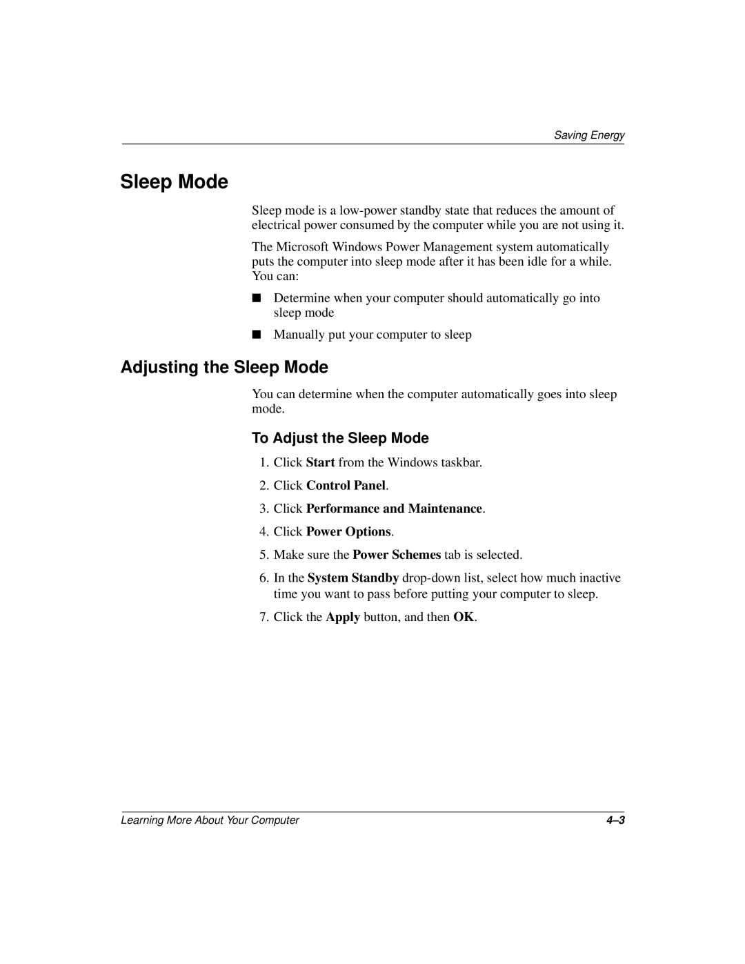 Compaq 277958-001 manual Adjusting the Sleep Mode, To Adjust the Sleep Mode 