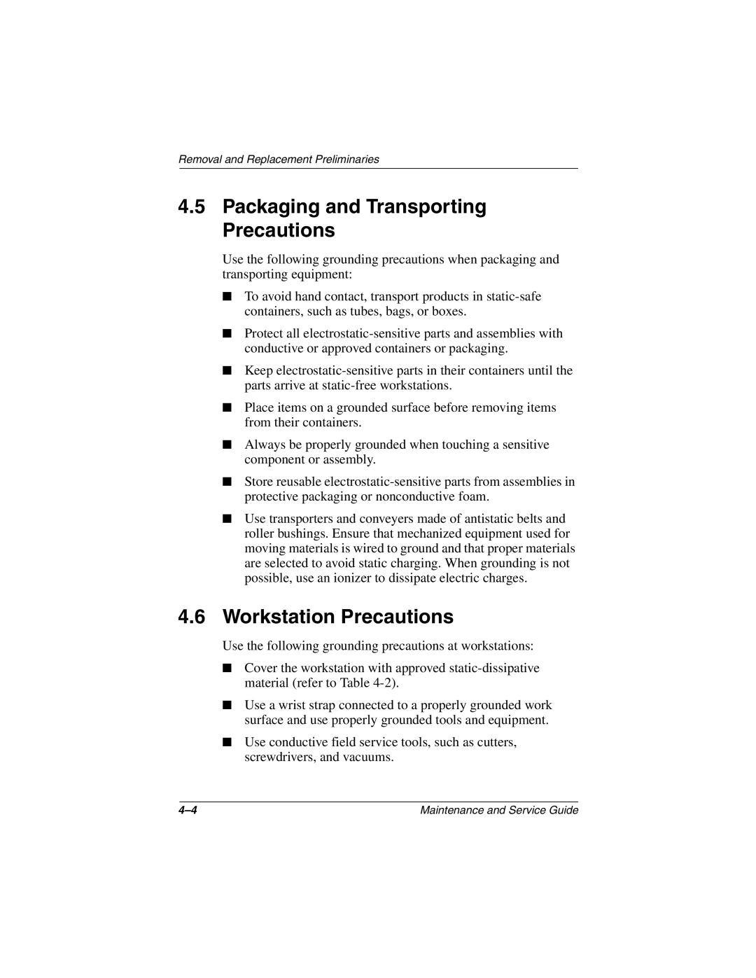 Compaq 279362-002 manual Packaging and Transporting Precautions, Workstation Precautions 