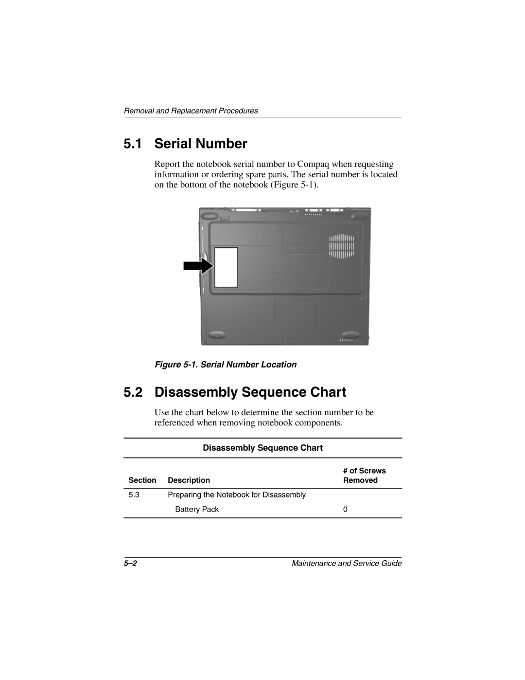 Compaq 279362-002 manual Serial Number, Disassembly Sequence Chart, Section Description Removed 