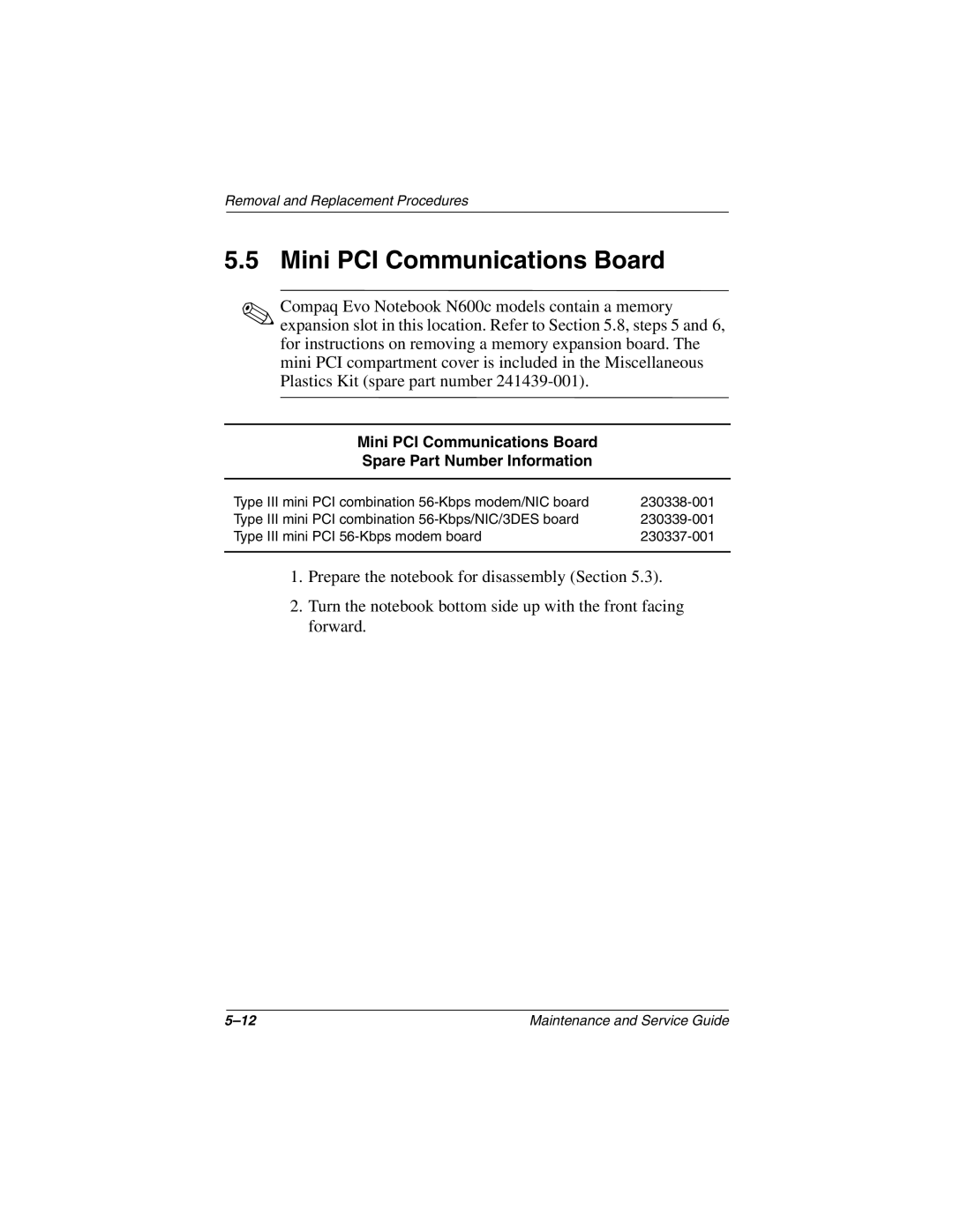 Compaq 279362-002 manual Mini PCI Communications Board Spare Part Number Information 