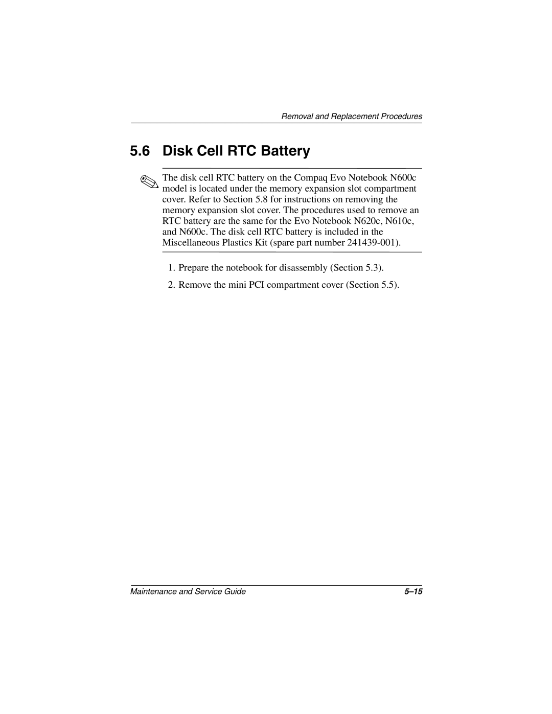 Compaq 279362-002 manual Disk Cell RTC Battery 