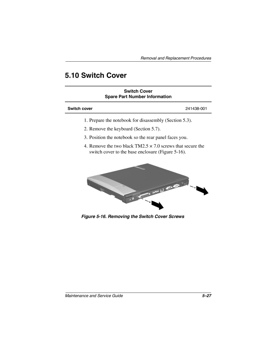 Compaq 279362-002 manual Switch Cover Spare Part Number Information, Switch cover 241438-001 