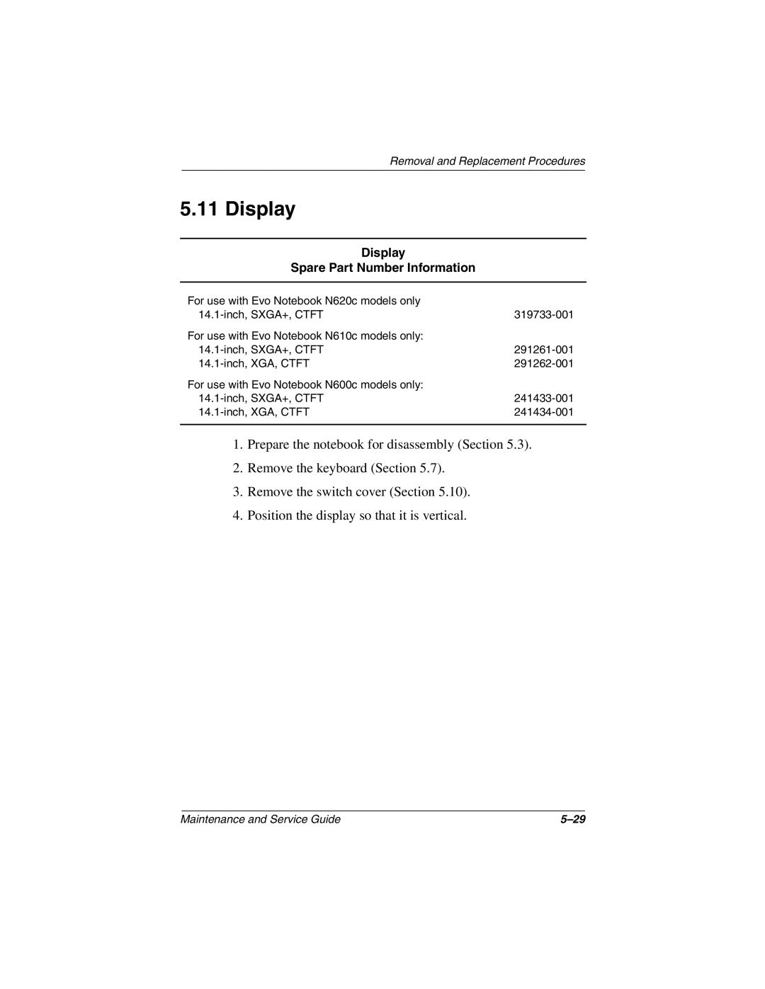 Compaq 279362-002 manual Display Spare Part Number Information 