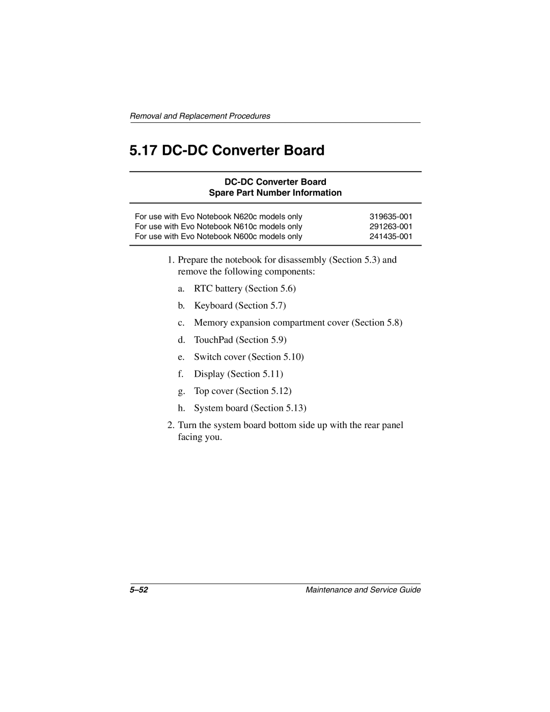 Compaq 279362-002 manual DC-DC Converter Board Spare Part Number Information 