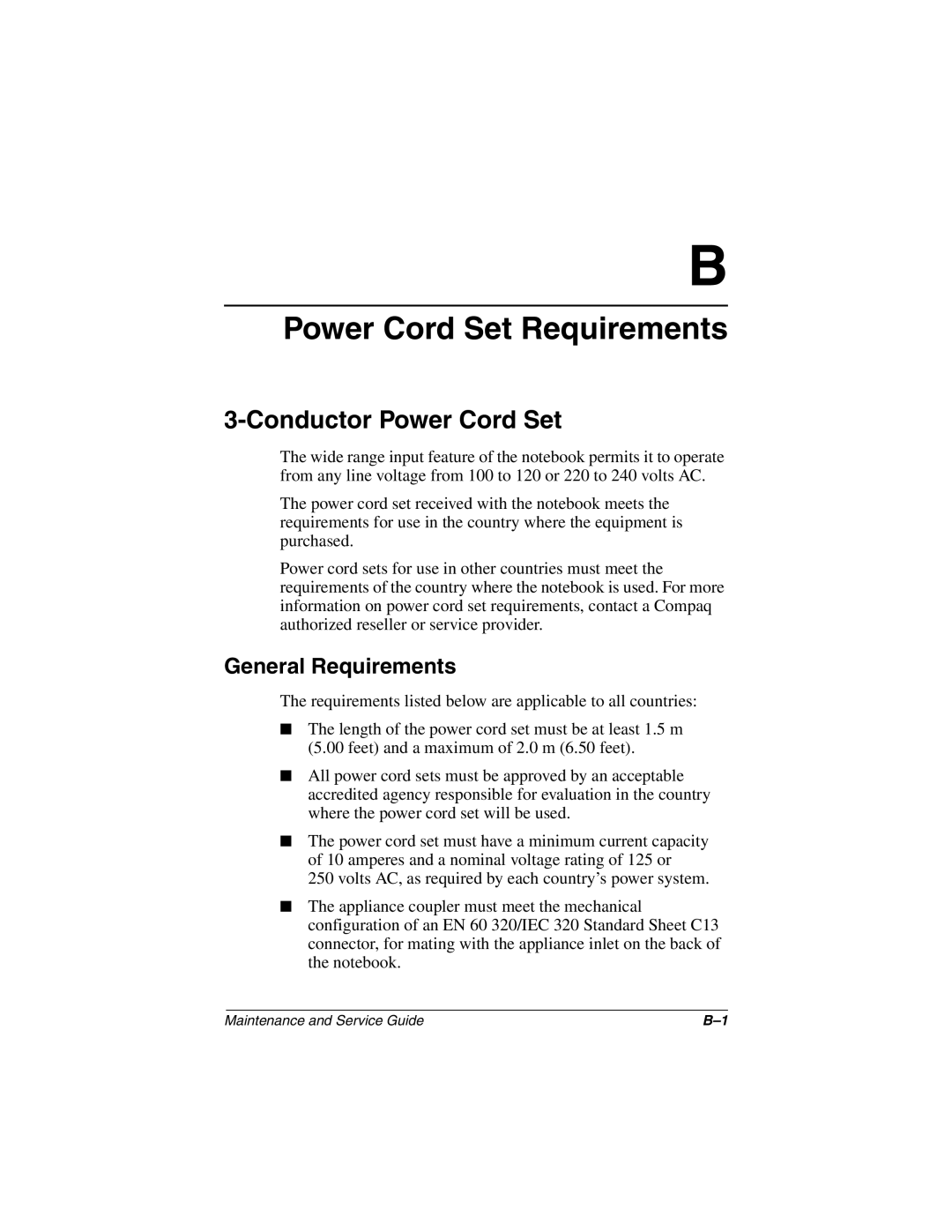 Compaq 279362-002 manual Power Cord Set Requirements, Conductor Power Cord Set 