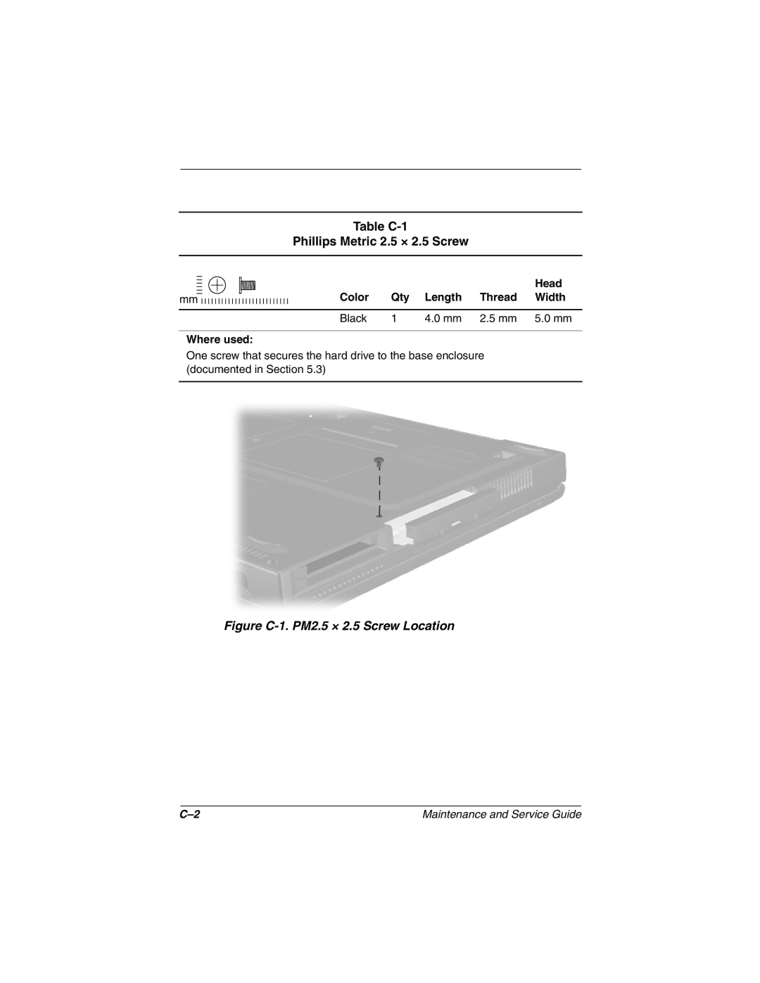 Compaq 279362-002 manual Table C-1 Phillips Metric 2.5 × 2.5 Screw, Head, Color Qty Length Thread Width Black Where used 