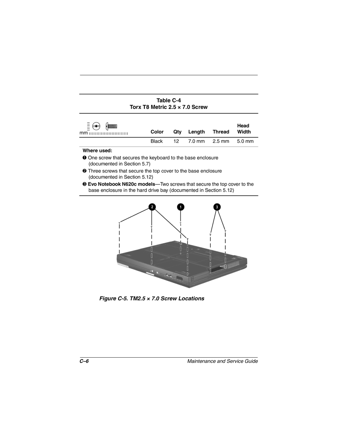 Compaq 279362-002 manual Table C-4 Torx T8 Metric 2.5 × 7.0 Screw, Figure C-5. TM2.5 × 7.0 Screw Locations 