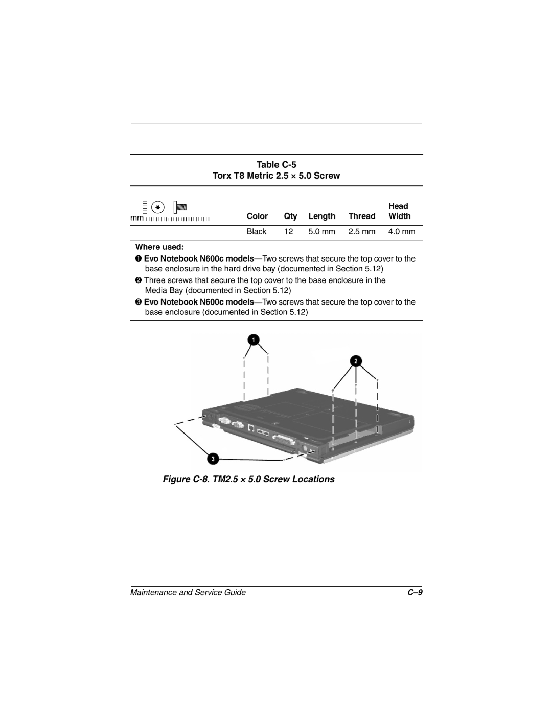 Compaq 279362-002 manual Table C-5 Torx T8 Metric 2.5 × 5.0 Screw, Figure C-8. TM2.5 × 5.0 Screw Locations 