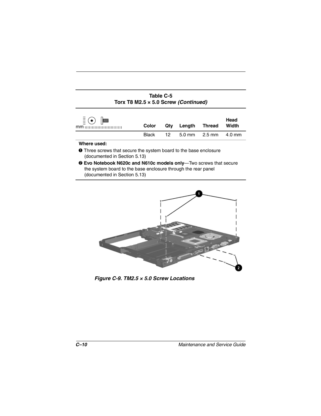 Compaq 279362-002 manual Table C-5 Torx T8 M2.5 × 5.0 Screw, Figure C-9. TM2.5 × 5.0 Screw Locations 